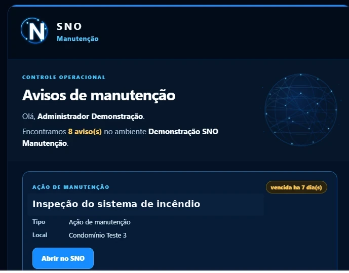 E-mail do SNO Manutenção com aviso crítico de manutenção vencida